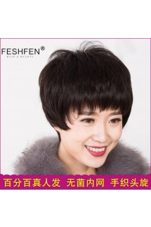 FESHFEN真發(fā)假發(fā)女短發(fā)全手織逼真透氣無菌內(nèi)網(wǎng)頭套中老年人假發(fā)