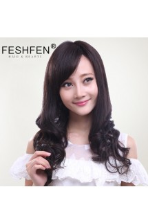 FESHFEN真發(fā)假發(fā)女時尚長發(fā)長卷發(fā)斜劉海手織透氣逼真梨花卷頭套