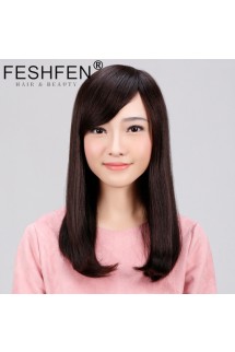 FESHFEN真發(fā)假發(fā)中長發(fā)梨花頭真人發(fā)絲時尚女士逼真機(jī)制手織頭套