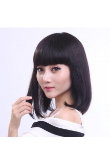 FESHFEN真發(fā)假發(fā)女時尚短發(fā)短直發(fā)齊劉海梨花頭真人發(fā)絲手織頭套