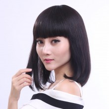 FESHFEN真發假發女時尚短發短直發齊劉海梨花頭真人發絲手織頭套