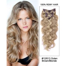 16” 7pcs #12/613 Brown/Blonde Body Wave Remy Hair Clip in Hair Extensions