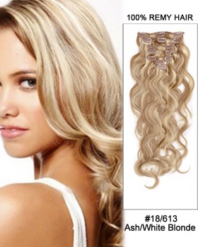 14” 7pcs #18/613 Ash White Blonde Body Wave 100% Remy Hair Clip In Human Hair Extensions