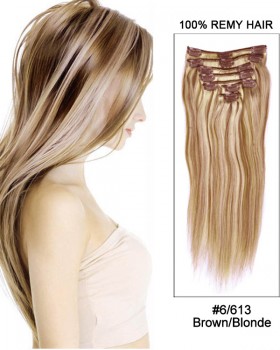 14” 7pcs #6/613 Brown/Blonde Straight 100% Remy Hair Clip In Hair Extensions