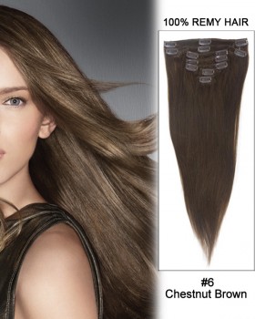 14” 7pcs #6 Chestnut Brown Straight 100% Remy Hair Clip in Hair Extensions