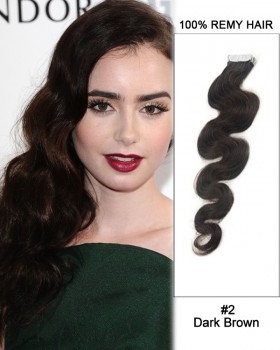 14” #2 Dark Brown Body Wave 100% Remy Hair Tape In Hair Extensions-20 pcs