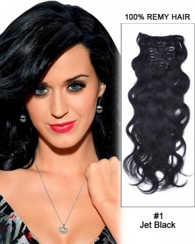 14”  7pcs #1 Jet Black Body Wave Remy Hair Clip In Hair Extensions