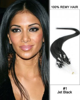 14” #1 Jet Black Straight Micro Loop 100% Remy Hair Human Hair Extensions-50 strands, 1g/strand