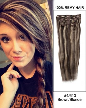 16” 7pcs #4/30 Medium Brown/Auburn Straight 100% Remy Hair Clip In Human Hair Extensions