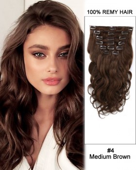 16” 7pcs #4 Medium Brown Body Wave 100% Remy Hair Clip In Human Hair Extensions