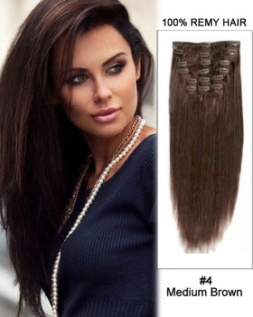 16” 7pcs #4 Medium Brown Straight 100% Remy Hair Clip In Human Hair Extensions