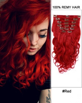 14” 7pcs #Red Body Wave 100% Remy Hair Clip In Human Hair Extensions