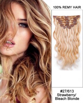 14” 7pcs #27/613 Strawberry/Bleach White Blonde Body Wave 100% Remy Hair Clip In Human Hair Extensions