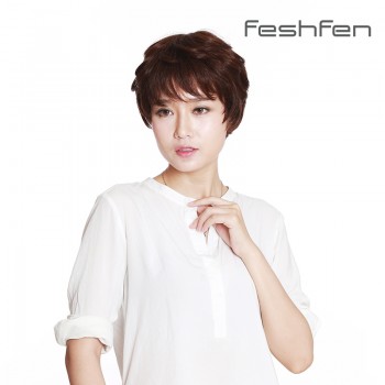 FESHFEN真人發假發女短發卷發女士自然逼真手織發網中老年人假發