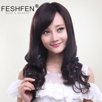 FESHFEN真發(fā)假發(fā)女時(shí)尚長(zhǎng)發(fā)長(zhǎng)卷發(fā)斜劉海手織透氣逼真梨花卷頭套