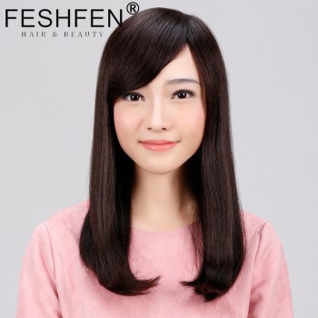 FESHFEN真發(fā)假發(fā)中長發(fā)梨花頭真人發(fā)絲時尚女士逼真機制手織頭套